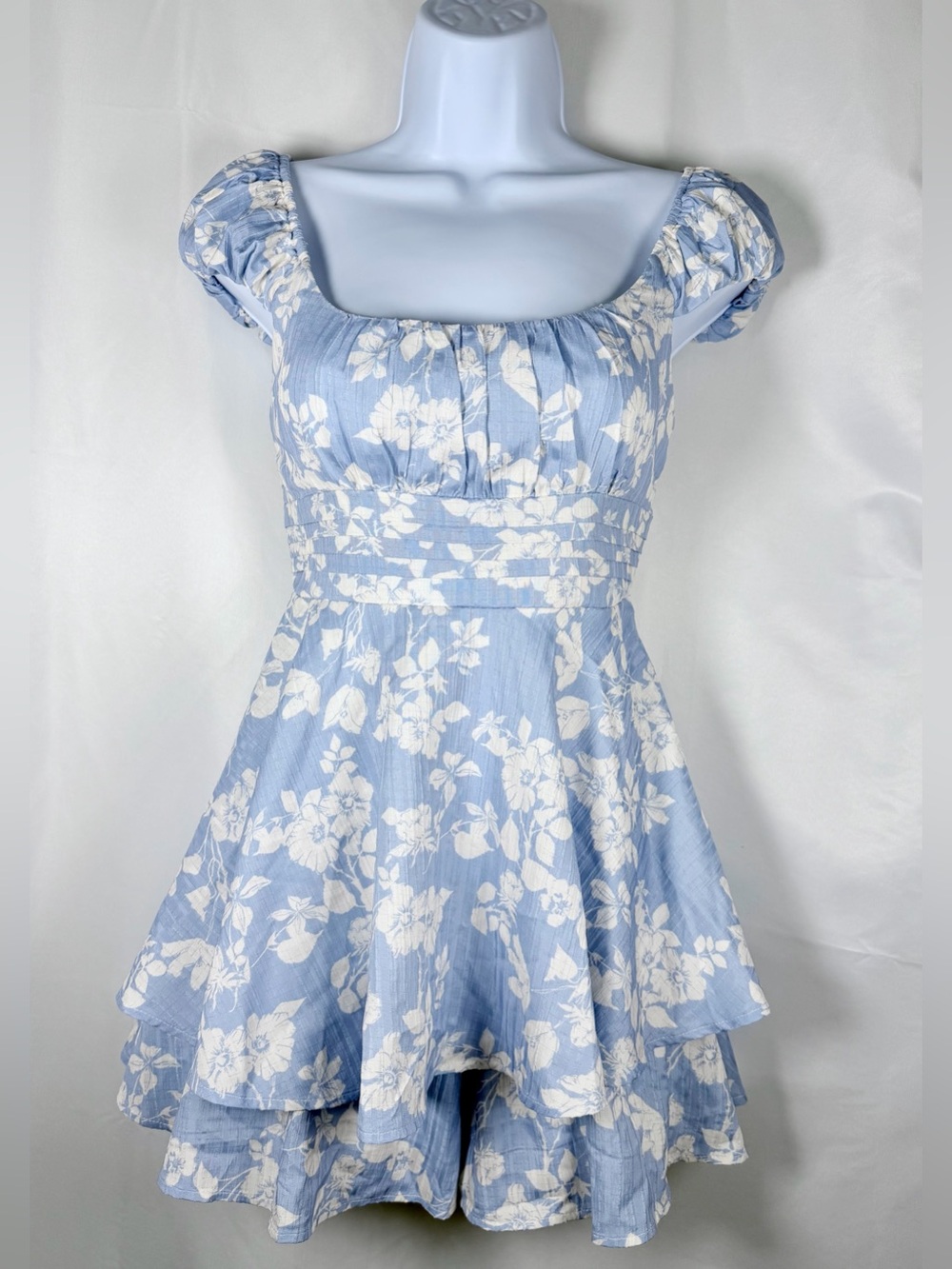 Altar'd State Blue Floral Romper Mini Dress Tiered Puff Sleeve Cottagecore - S